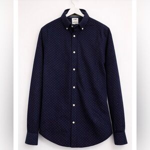 Zara Men’s Navy Blue Button-Down Shirt with White Microdots